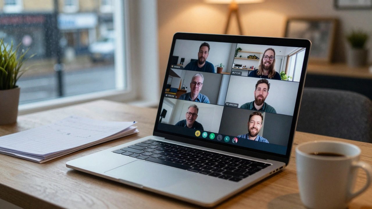 Laptop showing a video conference call on a home office desk.