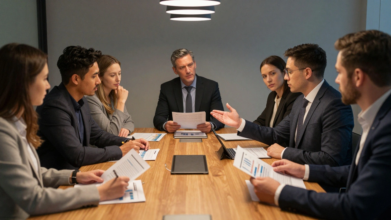 Managers discussing strategy alignment during a quarterly review meeting