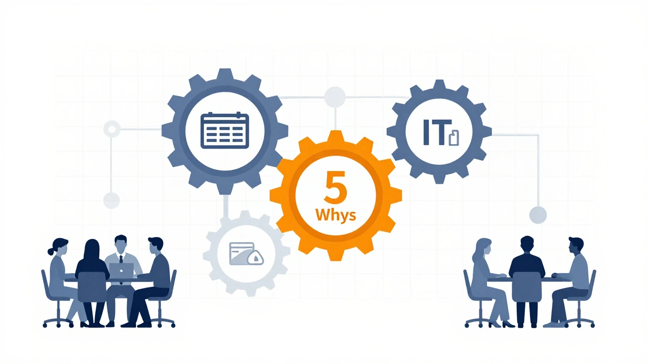 Minimalist infographic of workflow gears highlighting root cause analysis and staff input.