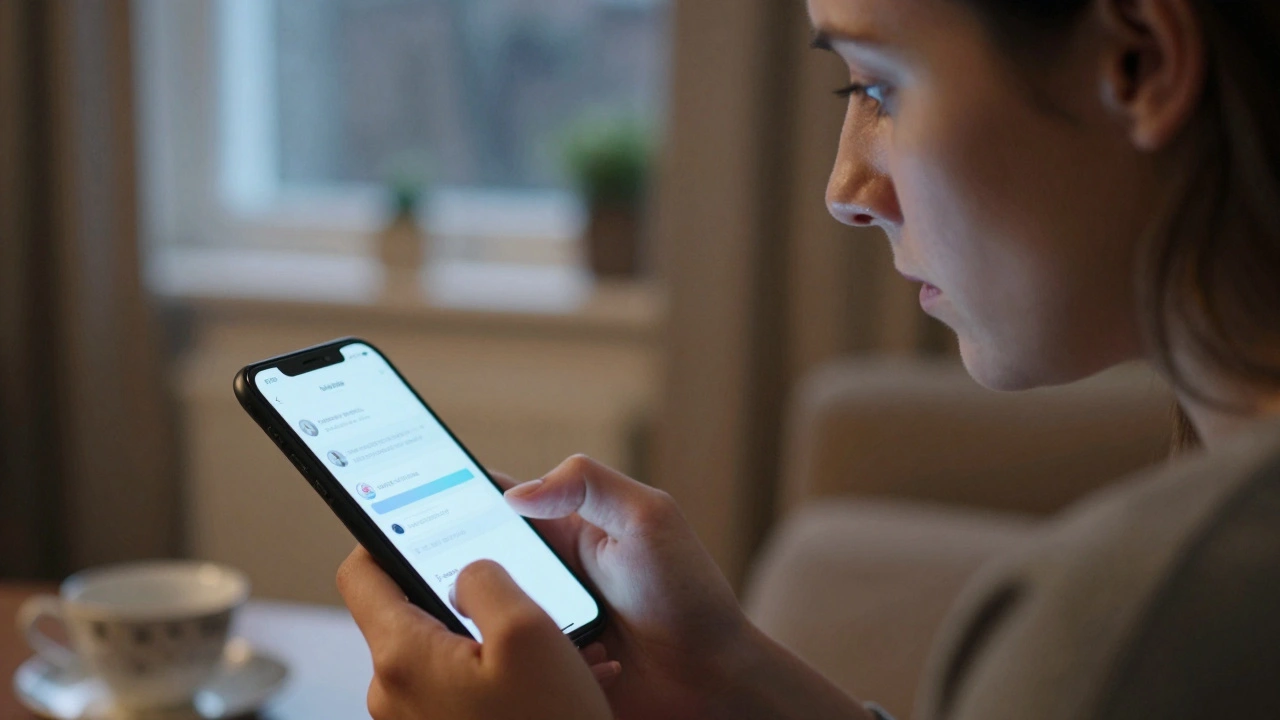 Person reading online reviews on phone in cozy room
