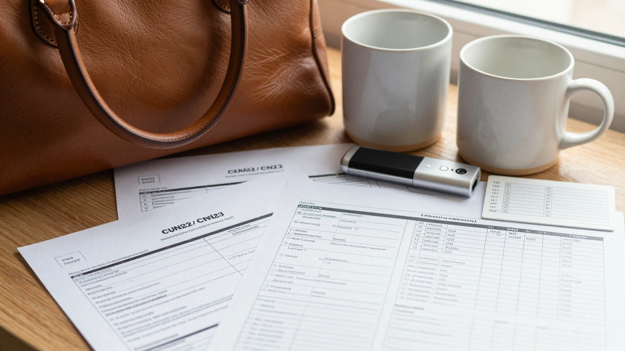 Products like bags and mugs arranged with customs forms illustrating export classification