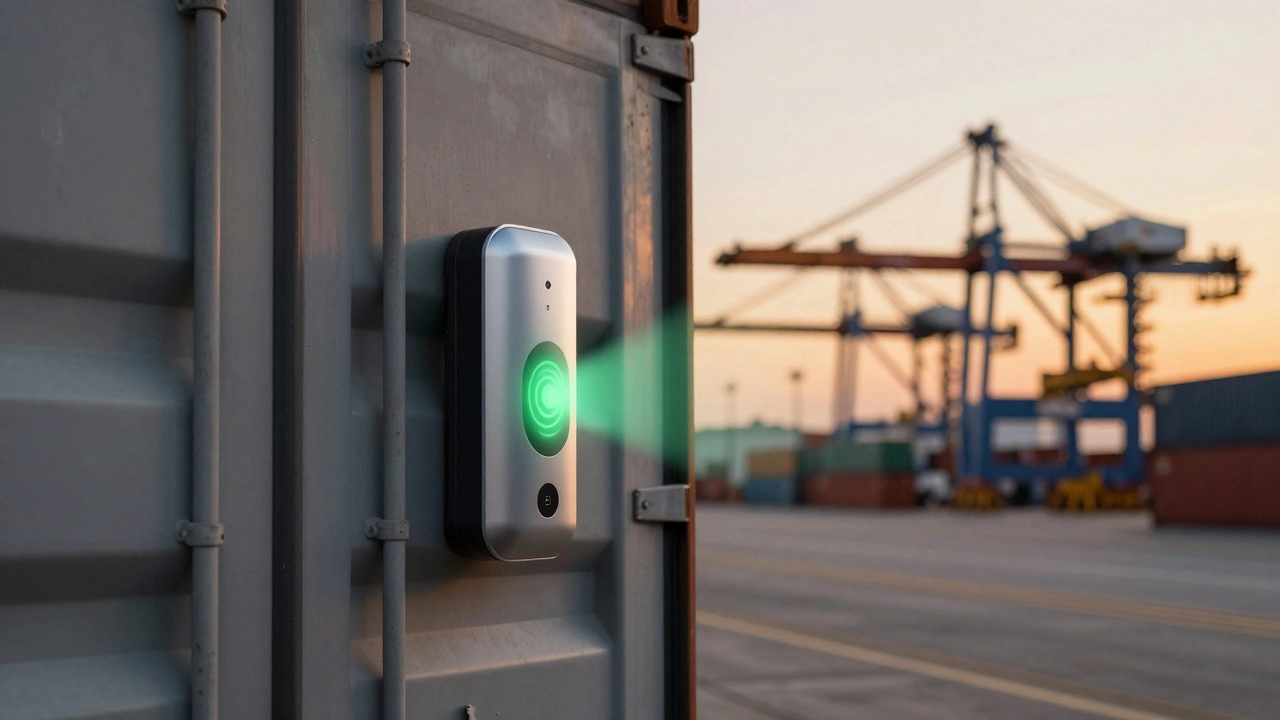 Shipping container with glowing IoT sensor at a port during sunset