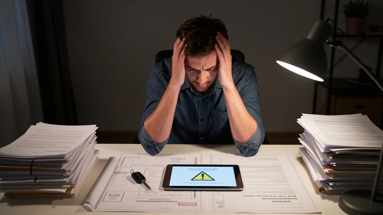 Stressed business owner reviewing complex insurance documents in a dimly lit home office, highlighting compliance risks.