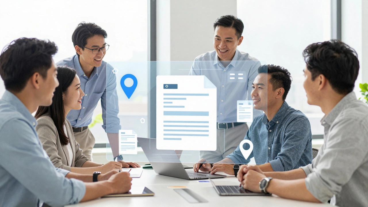 Team reviewing digital logistics dashboards in a bright modern office