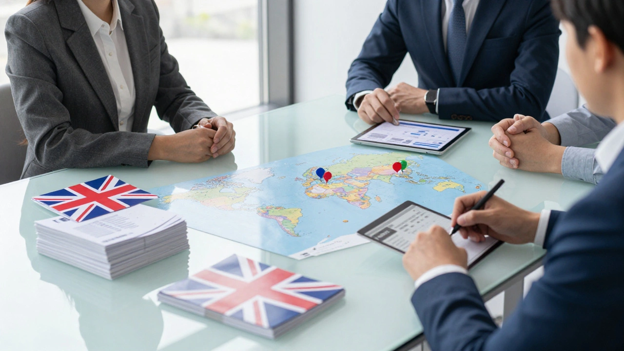 UK business team planning global expansion with maps and documents