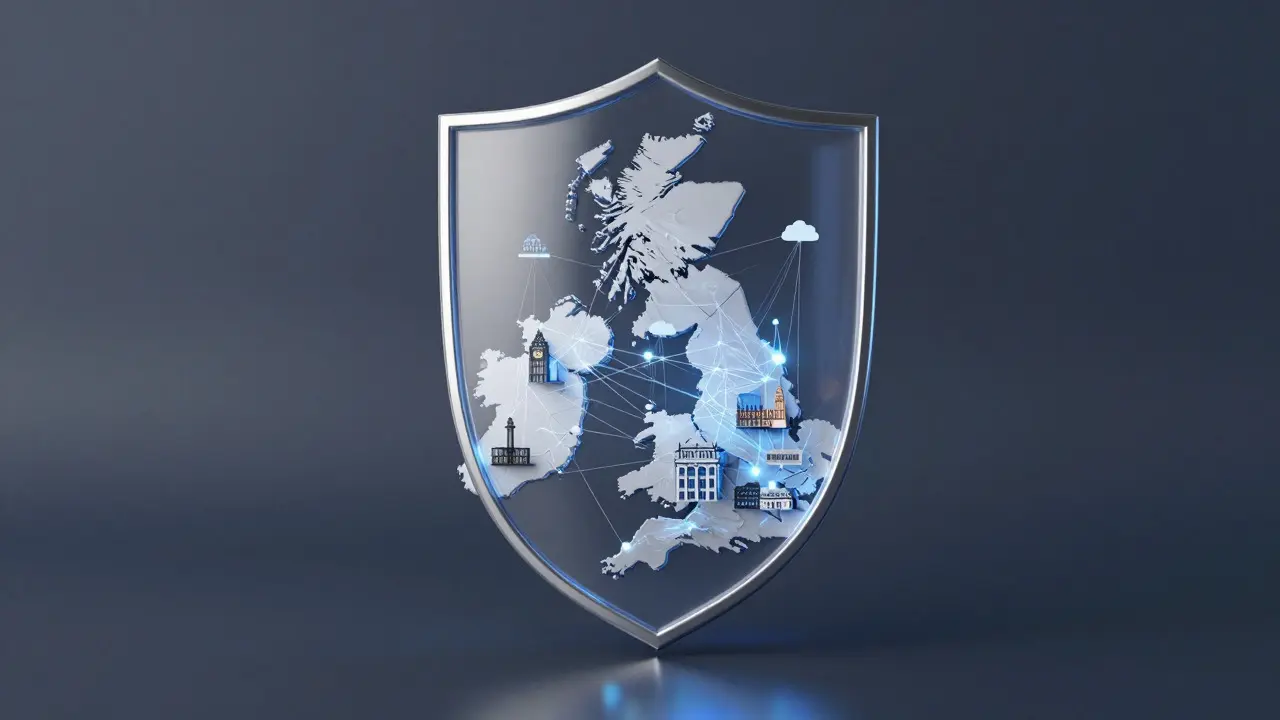 3D glass shield protecting a digital map of the UK with data threads