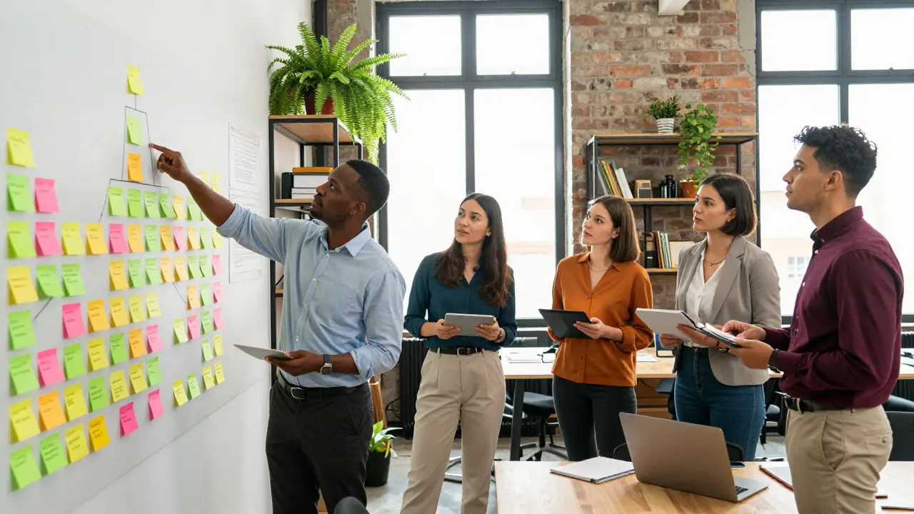 A diverse team discussing goals on a wall board in a bright open-plan office