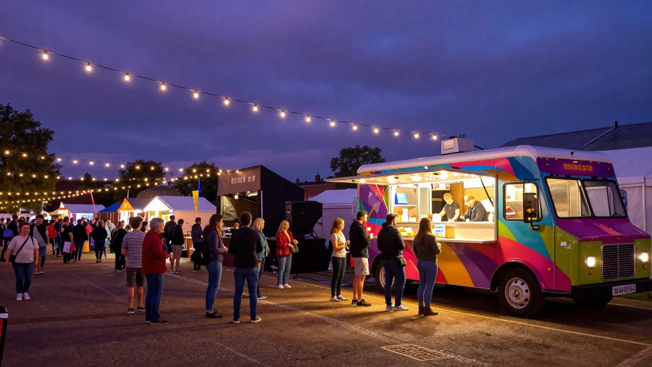 A food truck operating at a crowded outdoor festival in the evening