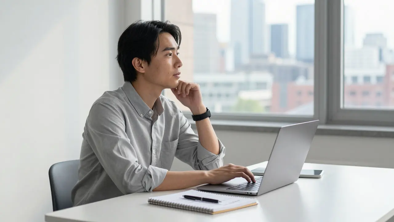 A professional reviewing notes next to a laptop in a modern office with a city view