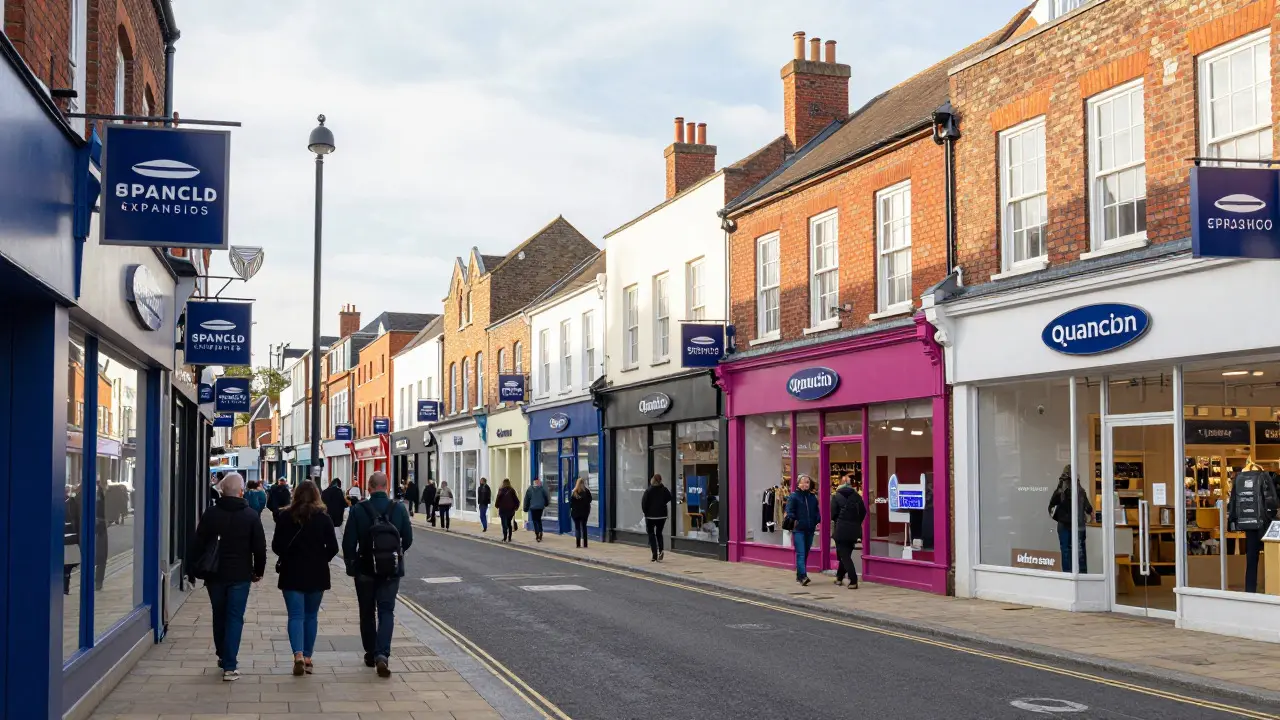 A row of branded storefronts on a UK street showing franchise expansion
