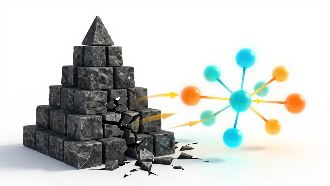 Abstract 3D art showing a broken stone pyramid transforming into connected glowing team pods