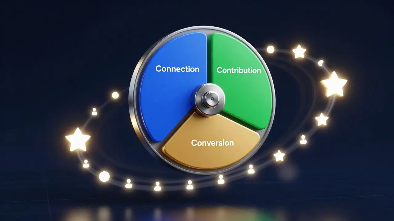 Abstract 3D illustration of a spinning flywheel representing community growth stages