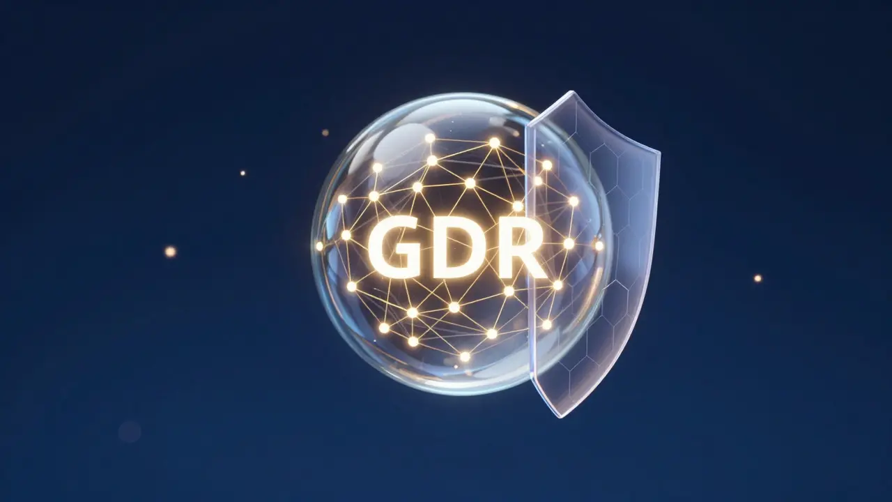 Abstract 3D render of a glass sphere protected by a shield, symbolizing data security