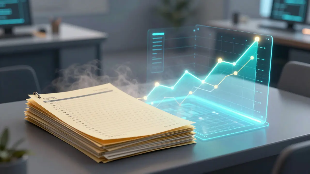 Abstract art showing paper spreadsheets transforming into digital data forecasts