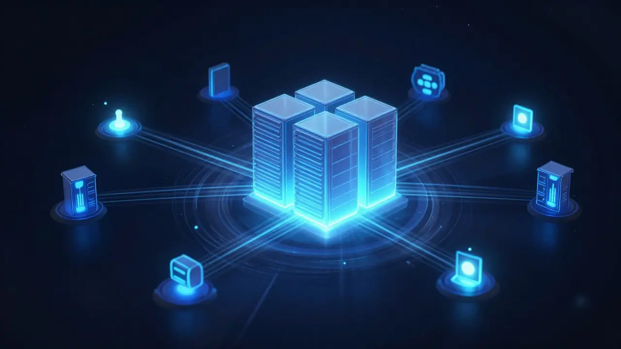 Abstract digital art of a glowing cloud server network with expanding nodes