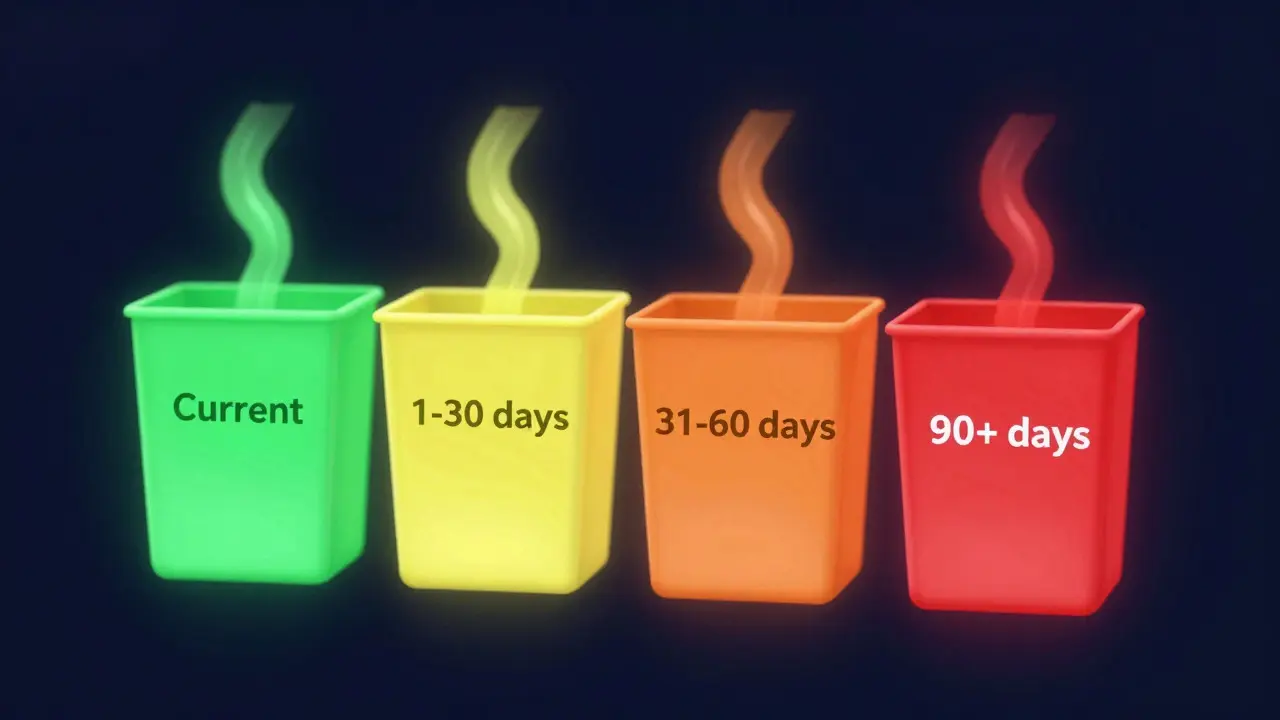 Abstract digital art of four colored buckets representing debt aging stages