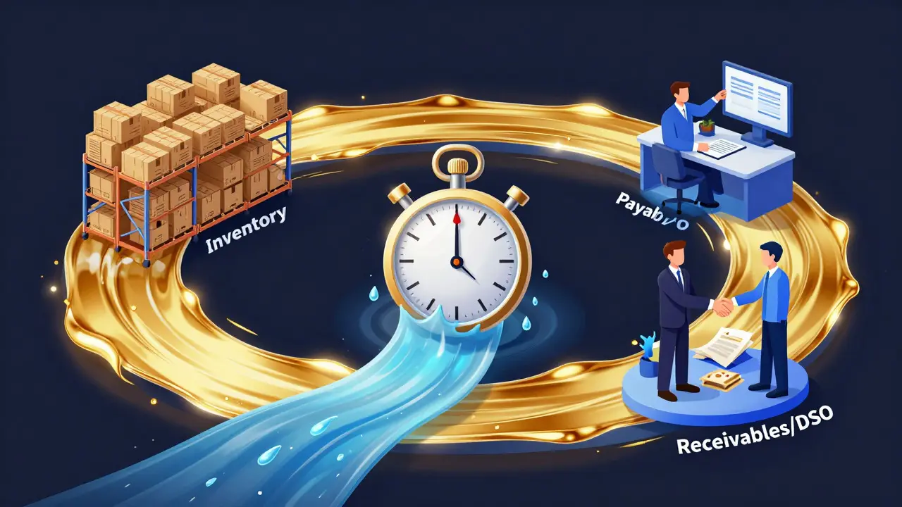 Abstract digital art showing a golden river connecting warehouse, office, and supplier scenes