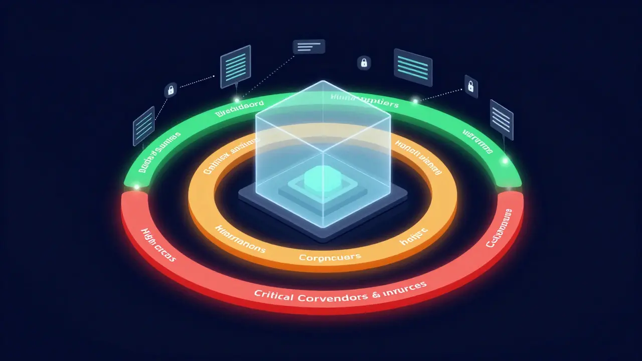 Abstract digital art showing a tiered risk management system with glowing rings