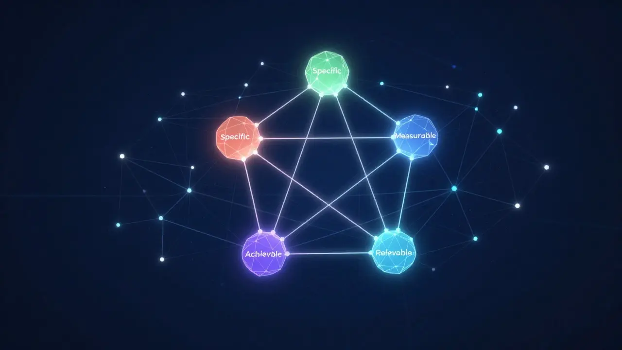 Abstract digital art showing five connected nodes forming a structured network