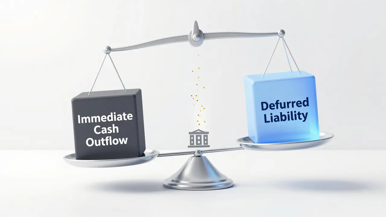 Abstract glass balance scale comparing heavy immediate costs with deferred liabilities
