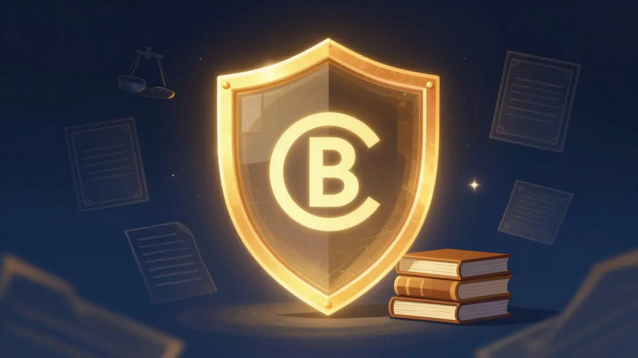 Abstract golden shield protecting a brand logo and trade secret books