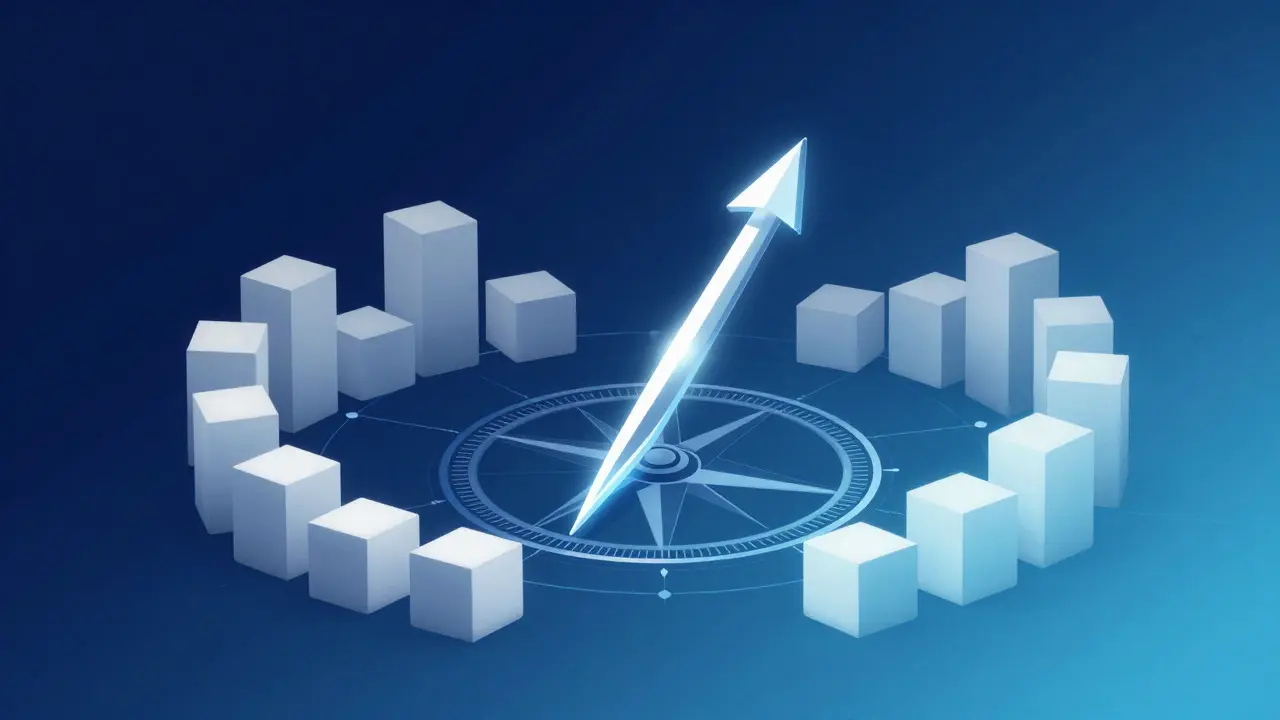 Abstract illustration of a compass surrounded by data shapes