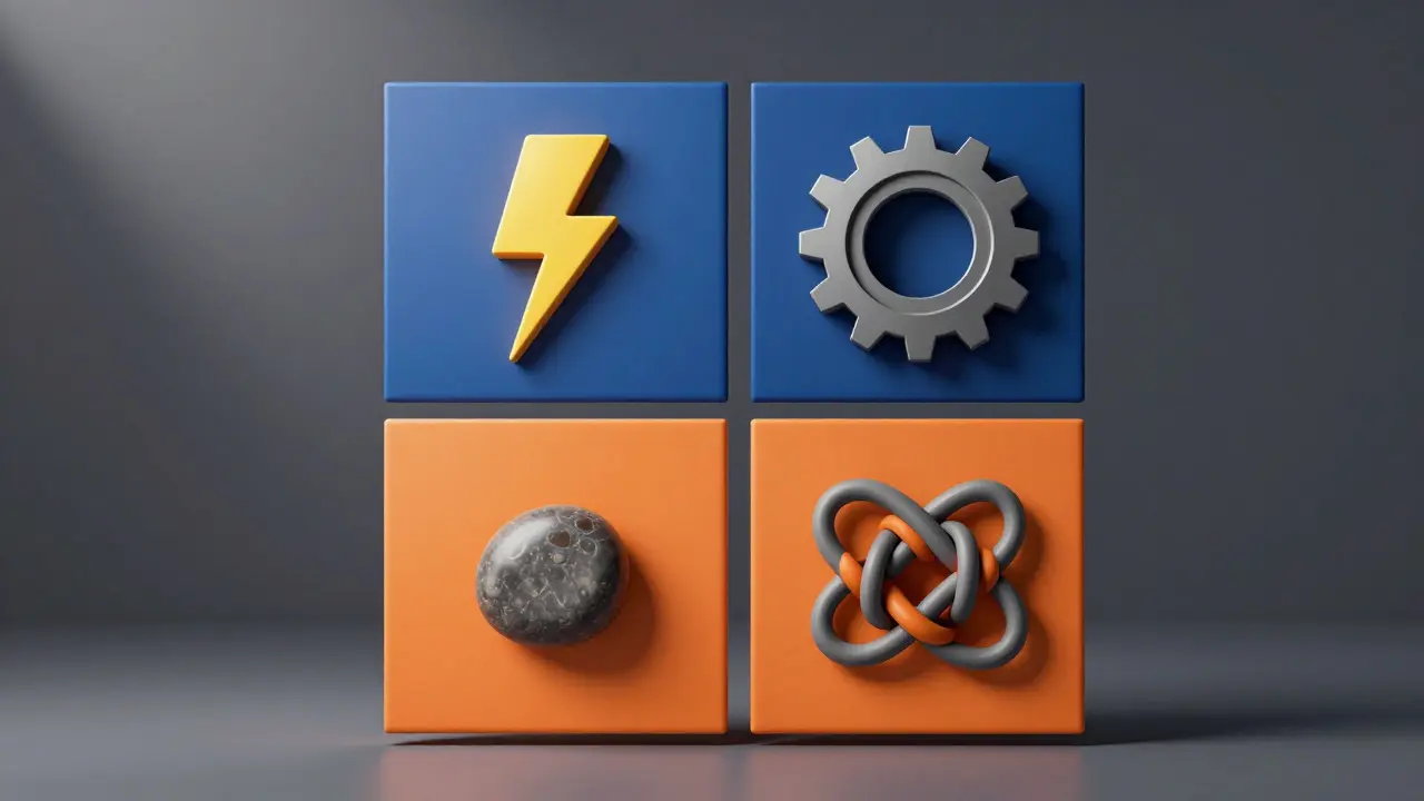 Abstract illustration of a four-quadrant grid with symbolic objects representing business priorities