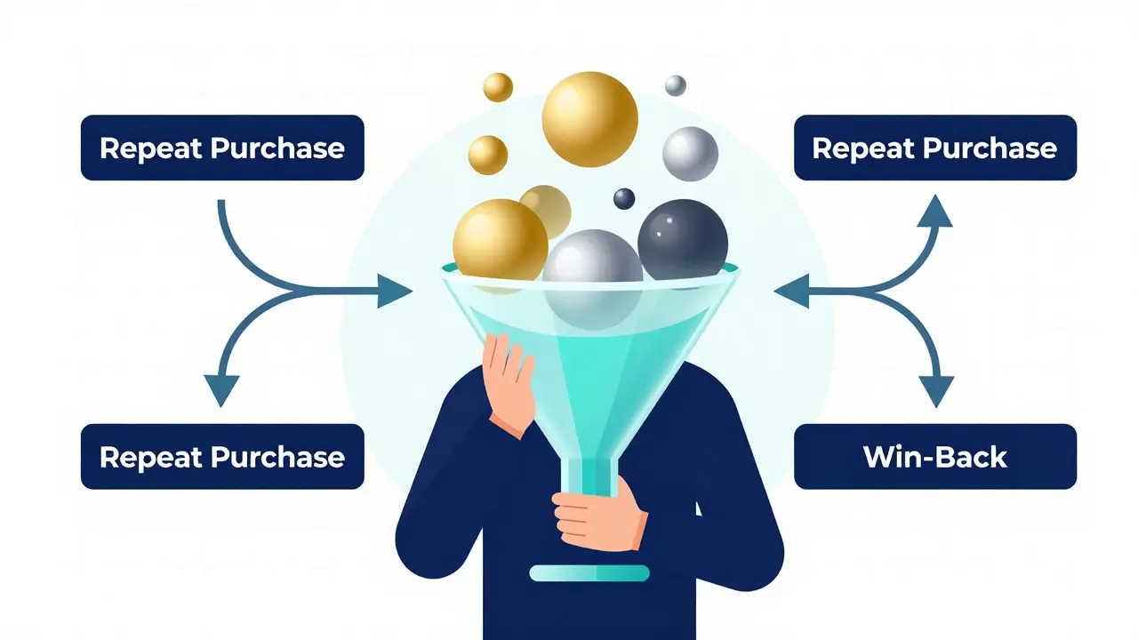 Abstract illustration of a funnel sorting colorful customer segments for targeted marketing