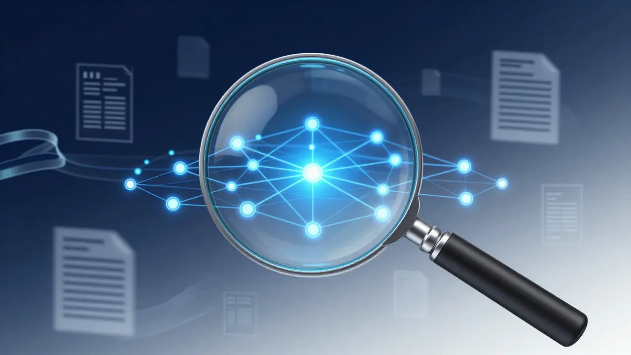 Abstract illustration of a magnifying glass inspecting a glowing network system