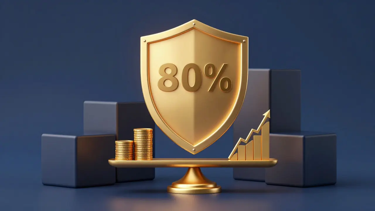 Abstract illustration of a shield protecting coins and a scale, symbolizing loan guarantees