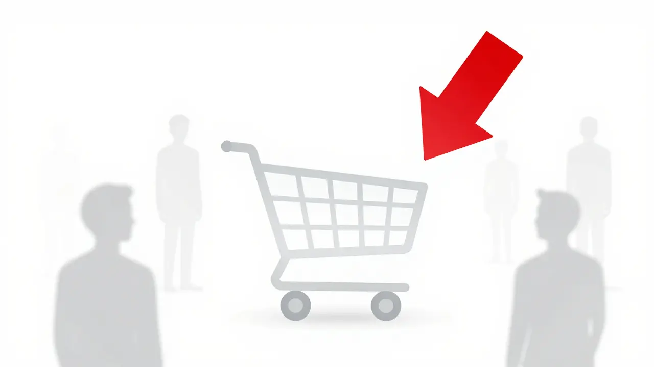 Abstract illustration of a shopping cart with a red arrow indicating a cost drop