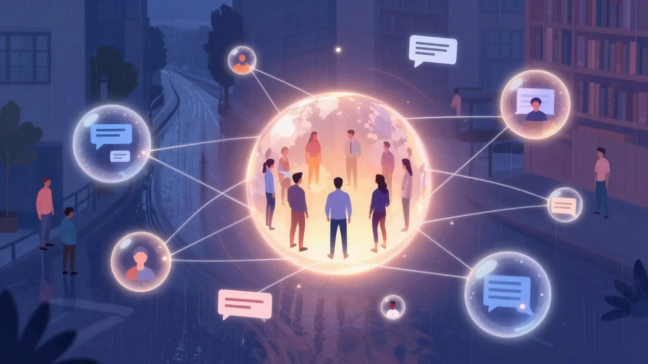 Abstract illustration of connected glowing orbs representing asynchronous team communication