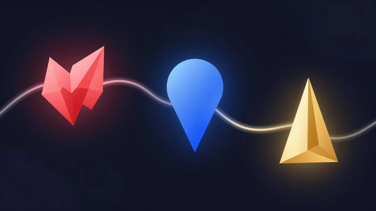 Abstract illustration of three connected shapes representing problem, solution, and hook.