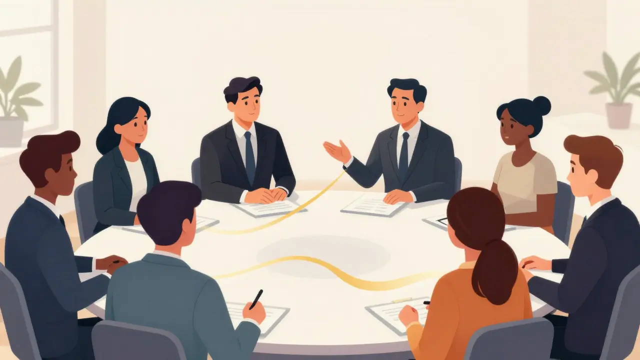 Abstract illustration of two corporate cultures merging harmoniously around a table with a guiding thread
