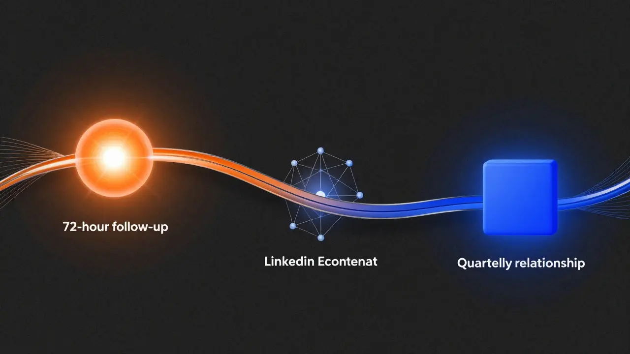 Abstract timeline graphic showing the progression of business relationships from initial contact to stability