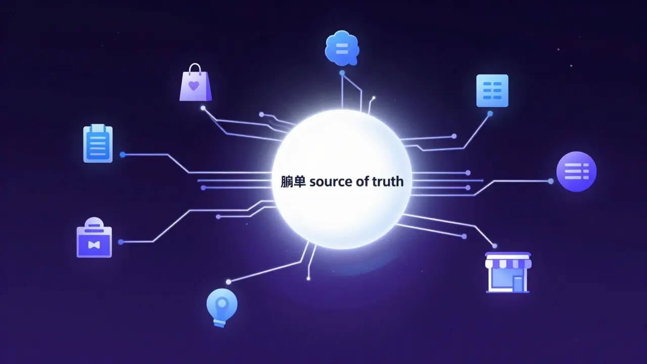 Abstract visualization of a central data hub connecting multiple retail sales channels