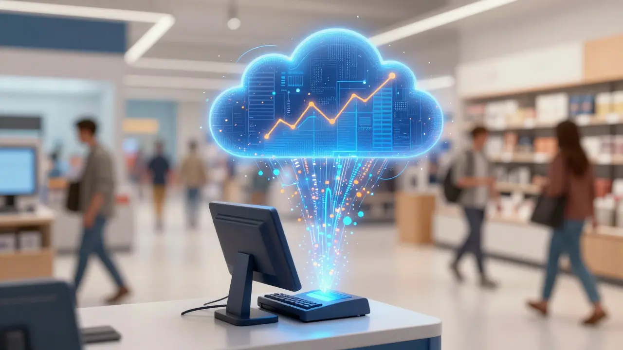 Abstract visualization of data flowing from POS to cloud analytics