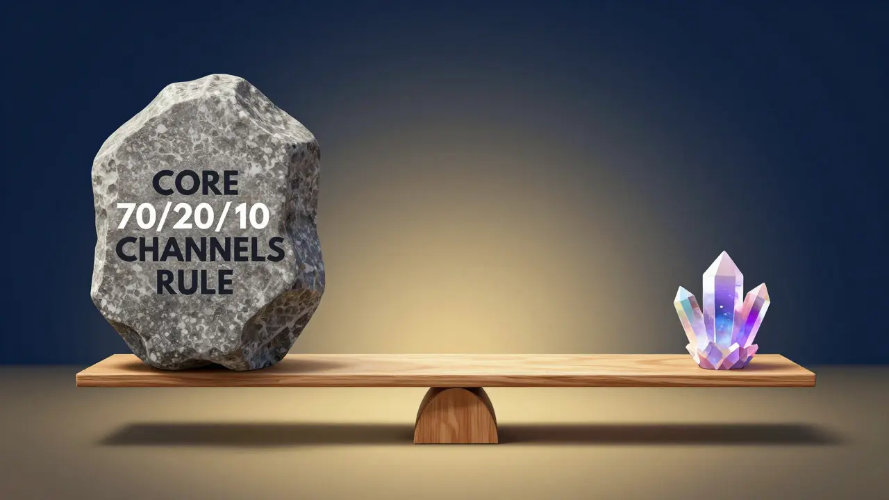 An artistic scale balancing stone, wood, and crystal, illustrating the 70/20/10 budget rule.