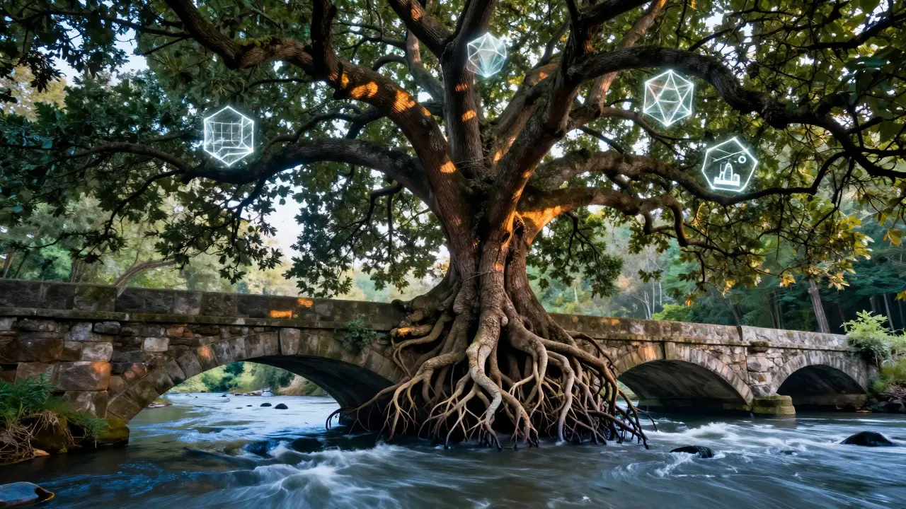 Artistic depiction of a tree growing from a bridge, representing a hybrid business growth strategy.