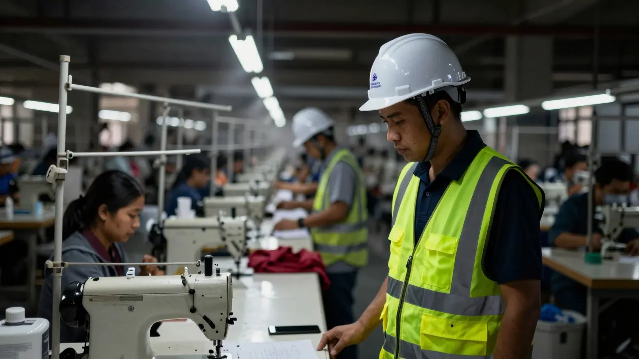 Auditor inspecting a textile factory floor in Southeast Asia