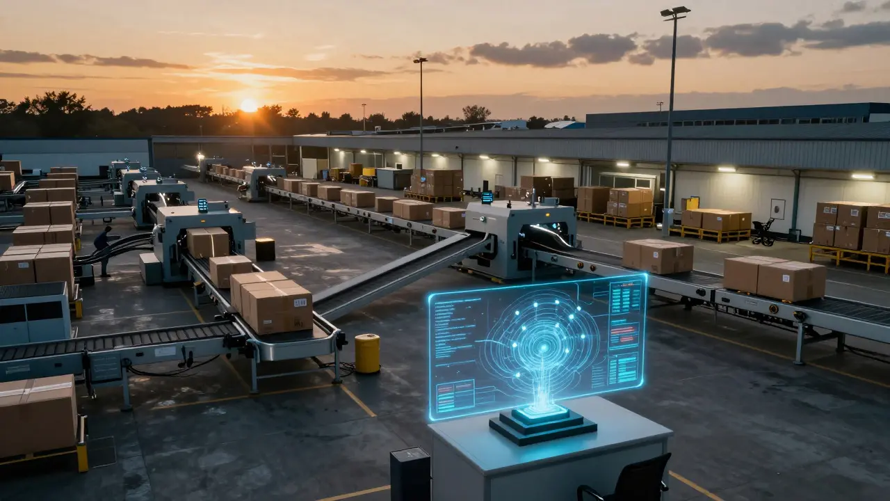 Automated logistics facility with digital data overlays at dusk
