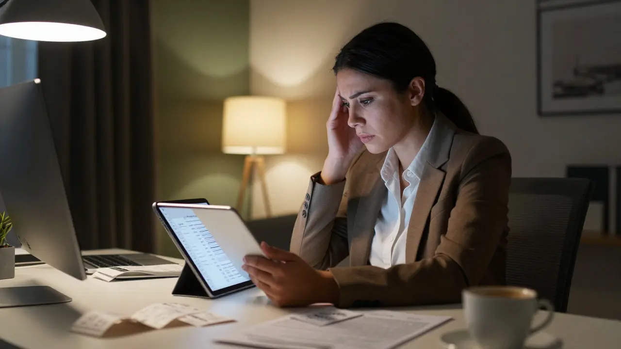 Business owner reviewing digital tax records in a dimly lit home office
