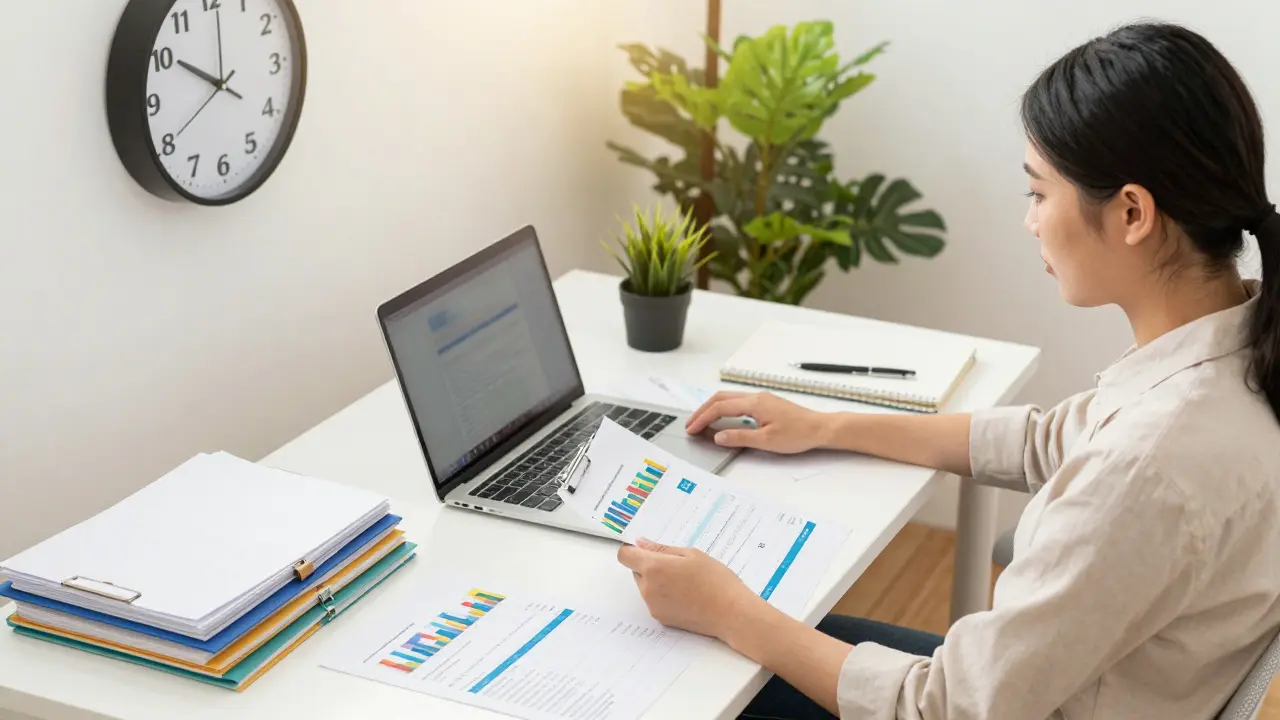 Business owner reviewing organized quarterly reports at a desk