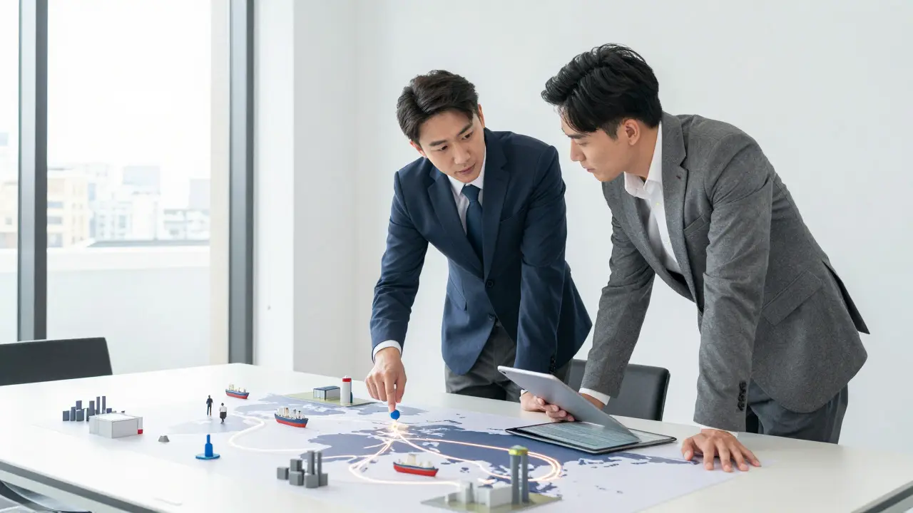 Business professionals analyzing a supply chain model in an office