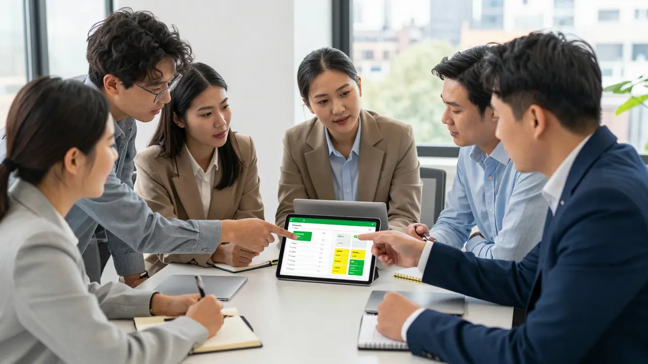 Business professionals discussing financial strategy around a table with digital dashboards