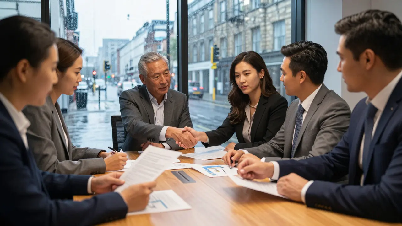Business professionals signing a finance contract in a London office
