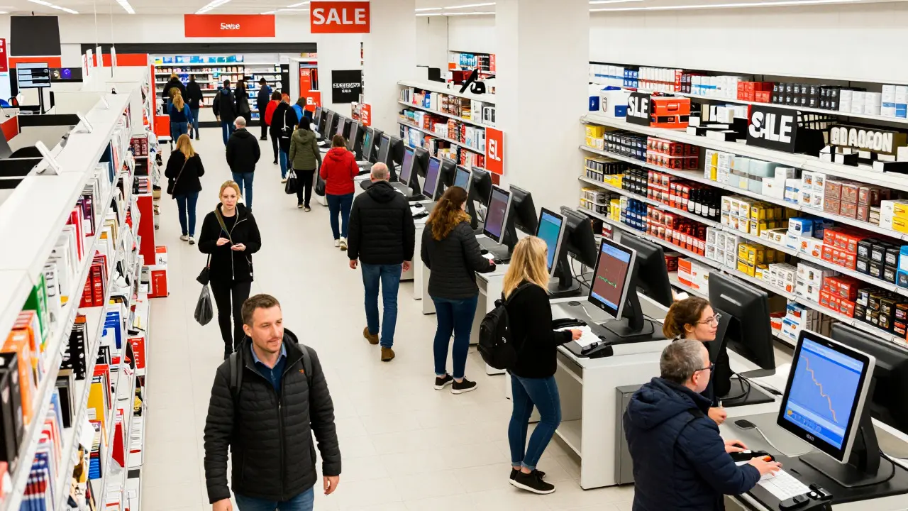 Busy UK retail store interior with shoppers and staff managing fast-moving inventory