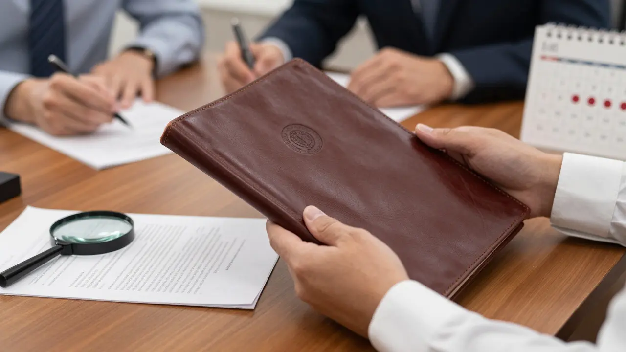 Close-up of hands holding a legal folder on a desk with a magnifying glass and calendar