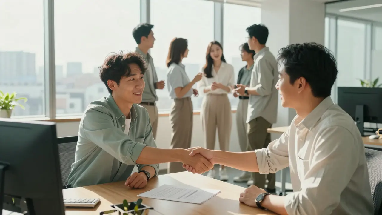 Colleagues shaking hands after a successful risk assessment session in a bright office