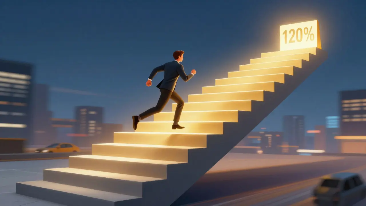 Conceptual art of a sales rep climbing a glowing staircase representing tiered commission accelerators.
